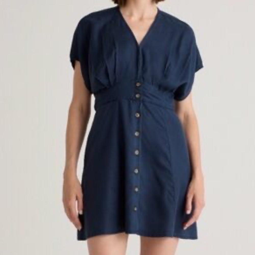 Quince Navy Button-Front V-Neck Short Dress